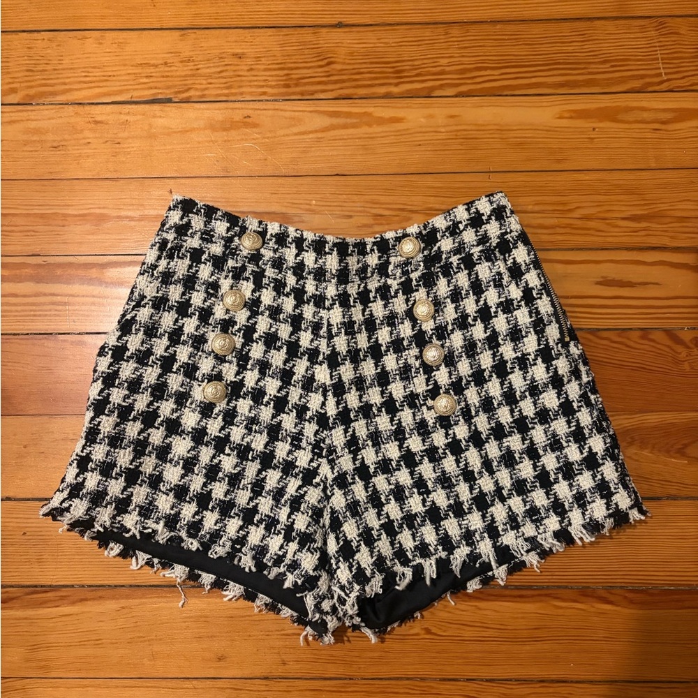 Generation Love Black & White Houndstooth High-Waist Shorts with Gold Buttons